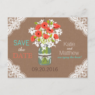 Rustic Coral Poppies en Kant Save the Date Aankondigingskaart
