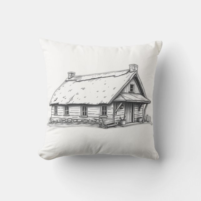 Rustic Cottage Charcoal Sketch Kussen (Voorkant)