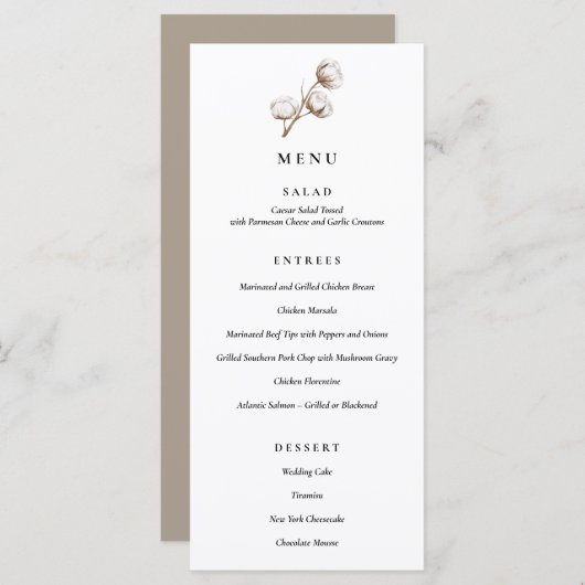Rustic Cotton Menu Mariage Dîner (Devant / Derrière)