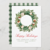 Rustic Cotton Wreate Green Pset Check Kerstmis Feestdagenkaart (Voorkant / Achterkant)