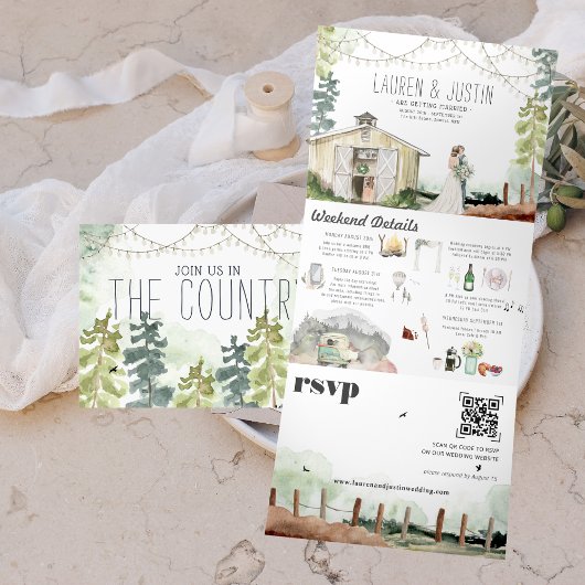 Rustic Country Barn Forest Wedding Drieluik Uitnodiging