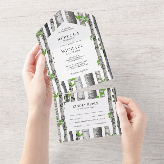 Rustic Country Birch Trees Wedding All In One Uitnodiging (Afscheurbaar)
