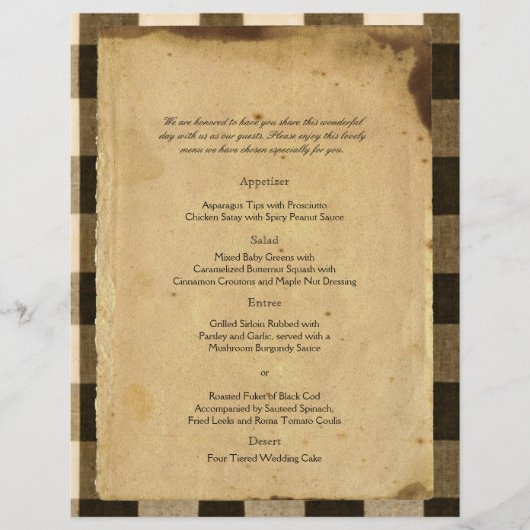 Rustic Country Black Sepia Checks Menu Mariage (Devant)