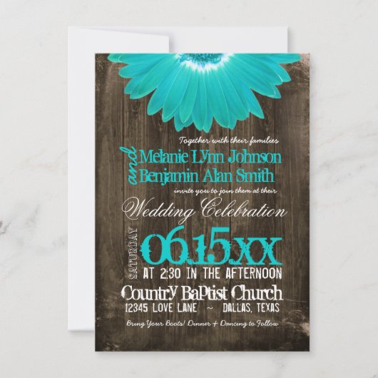 Rustic Country Blauwgroen Daisy Wood Wedding Invit Kaart (Voorkant)