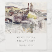 Rustic Country Bridge Riverside Waterverf Wedding Wijn Etiket (Enkel label)