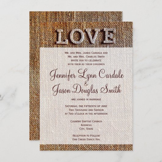 Rustic Country Burlap AMOUR Mariage Invitations (Devant / Derrière)
