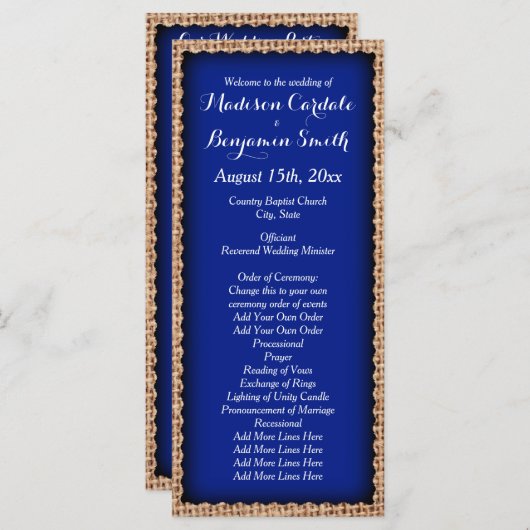Rustic Country Burlap Blue Wedding Programmes (Devant / Derrière)