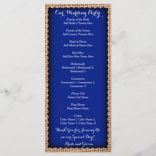 Rustic Country Burlap Blue Wedding Programs Programma (Achterkant)
