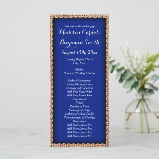 Rustic Country Burlap Blue Wedding Programs Programma (Staand voorkant)