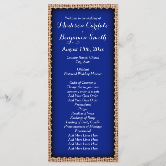 Rustic Country Burlap Blue Wedding Programs Programma (Voorkant)