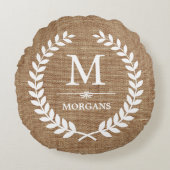Rustic Country Burlap Chic Laurel Wreath Monogram Rond Kussen (Voorkant)