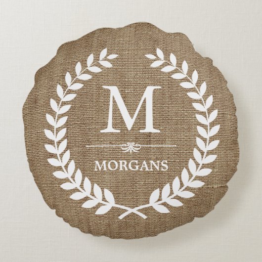 Rustic Country Burlap Chic Laurel Wreath Monogram Rond Kussen (Achterkant)