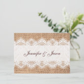 Rustic Country Burlap en Lace Wedding Invitations Kaart (Staand voorkant)