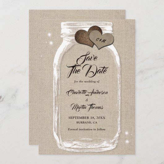 Rustic Country Burlap Hearts Mason Jar Wedding Save The Date (Voorkant / Achterkant)