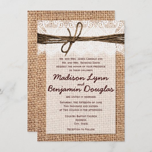 Rustic Country Burlap Imprimer Invitations De Mari (Devant / Derrière)