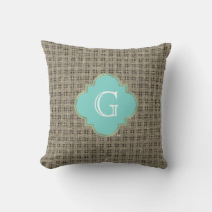 Rustic Country Burlap Kijk, Turquoise Monogram Kussen