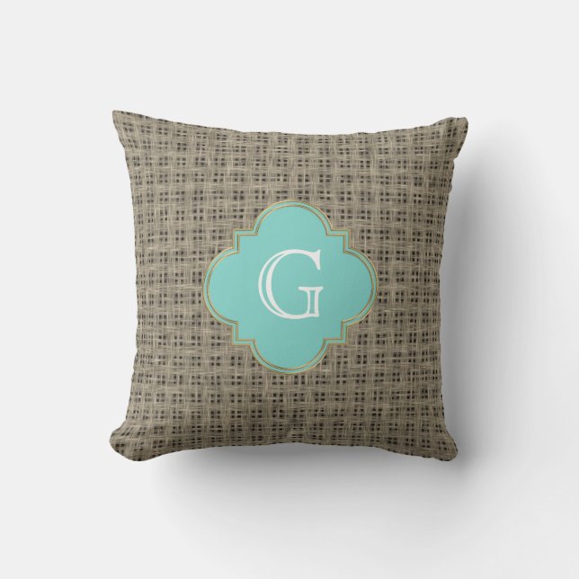 Rustic Country Burlap Kijk, Turquoise Monogram Kussen (Voorkant)