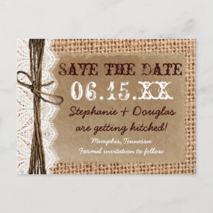 Rustic Country Burlap Lace Save the Date Briefkaar Aankondigingskaart