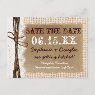 Rustic Country Burlap Lace Save the Date Briefkaar Aankondigingskaart