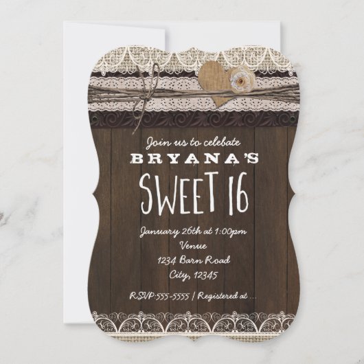 Rustic Country Burlap & Lace SWEET 16 Invitation (Devant)