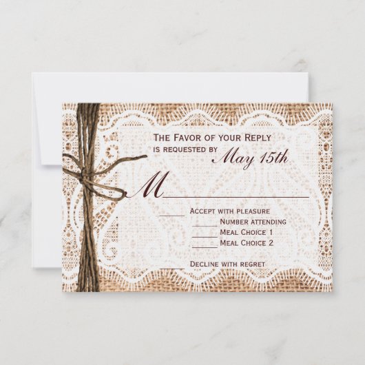 Rustic Country Burlap Lace Twine Wedding RSVP (Devant)