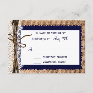 Rustic Country Burlap Lace Twine Wedding RSVP Kaartje