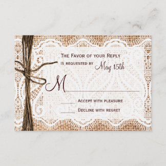 Rustic Country Burlap Lace Twine Wedding RSVP Kaartje
