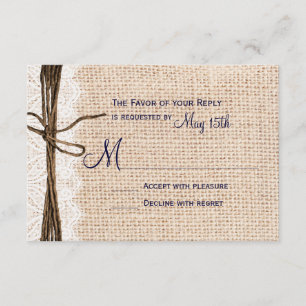 Rustic Country Burlap Lace Twine Wedding RSVP Navy Kaartje