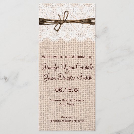 Rustic Country Burlap Lace Twine Wedine Programme (Devant)