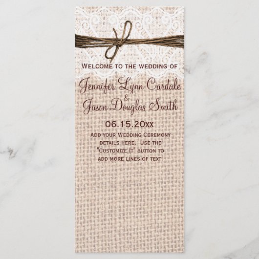 Rustic Country Burlap Lace Twine Wedine Programme (Devant)