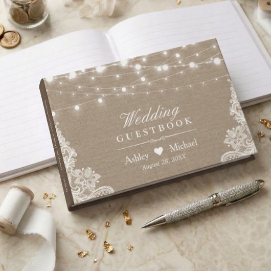 Rustic Country Burlap Lights Wedding Gastenboek