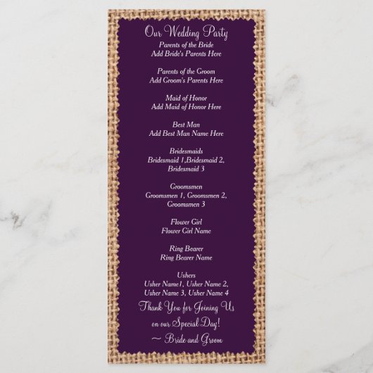 Rustic Country Burlap Paarse Wedding Programs Programma (Achterkant)