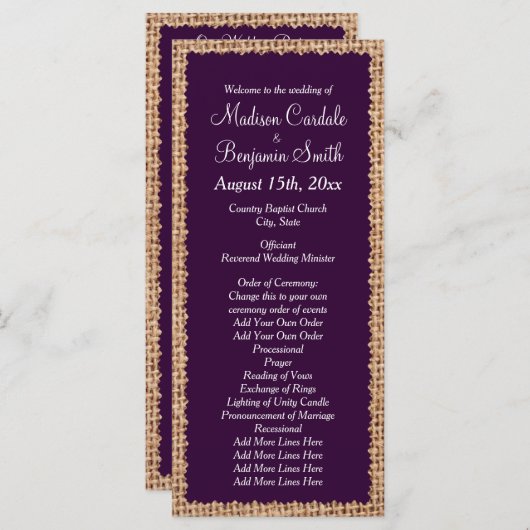 Rustic Country Burlap Paarse Wedding Programs Programma (Voorkant / Achterkant)