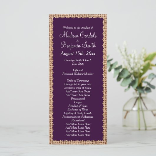 Rustic Country Burlap Paarse Wedding Programs Programma (Staand voorkant)