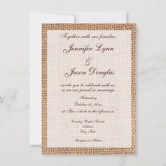 Rustic Country Burlap Print Wedding Invitations Kaart (Voorkant)