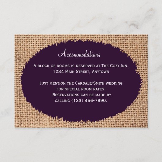 Rustic Country Burlap Purple Cartes d'hébergement (Devant)