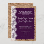 Rustic Country Burlap Purple Wedple Invitations (Devant / Derrière)