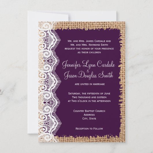 Rustic Country Burlap Purple Wedple Invitations (Devant)