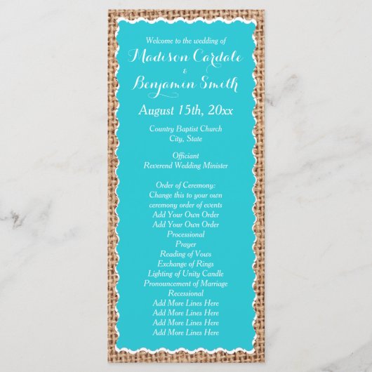 Rustic Country Burlap Turquoise Programmes de mari (Devant)