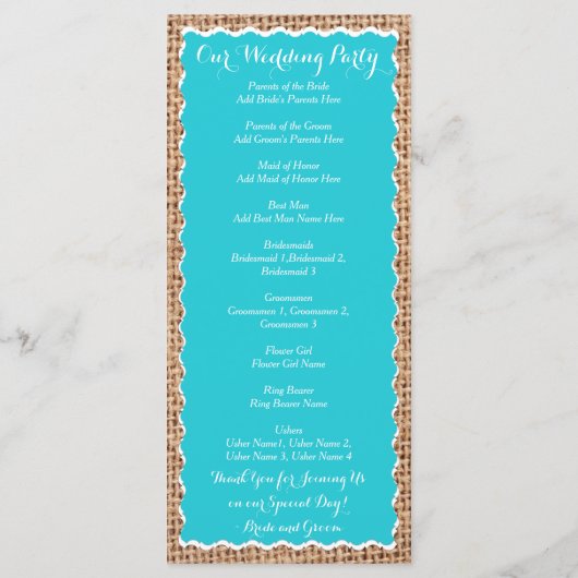 Rustic Country Burlap Turquoise Wedding Programs Programma (Achterkant)