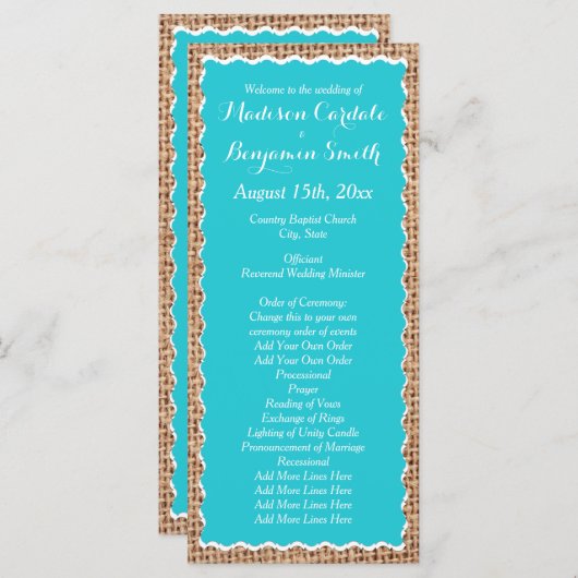Rustic Country Burlap Turquoise Wedding Programs Programma (Voorkant / Achterkant)