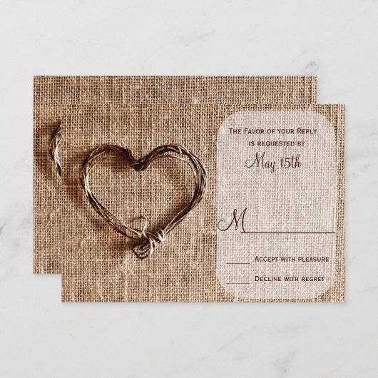 Rustic Country Burlap Twine Heart Wedt RSVP (Devant / Derrière)