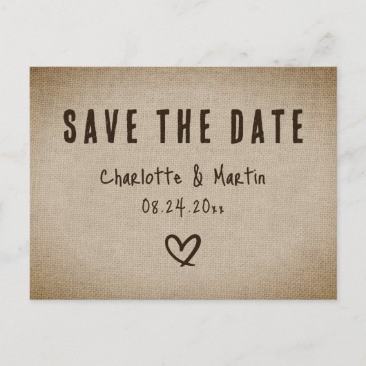 Rustic Country Burlap Wedding Save the Date Briefkaart (Voorkant)