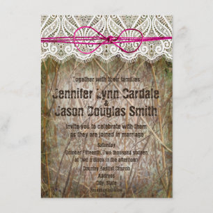 Rustic Country Camo Pink Bow Wedding Invitations Kaart