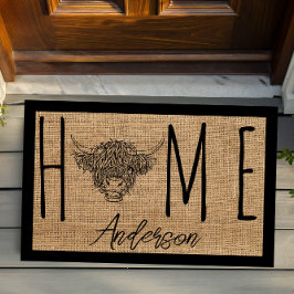 Rustic Country Cool Cow Faux Burlap Family Name Deurmat