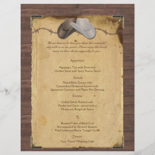 Rustic Country Cowboy Petten Wedding Menu (Voorkant)