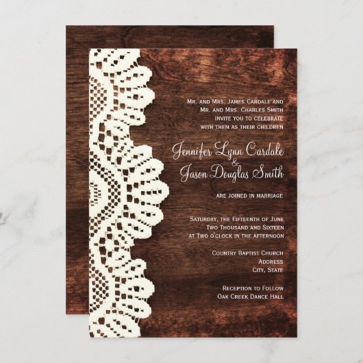 Rustic Country Dentelle en bois Invitations de mar (Devant / Derrière)