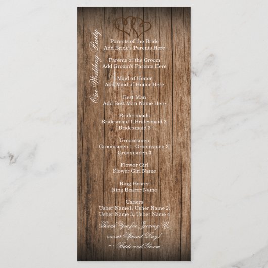 Rustic Country Double Coeurs Wood Wedts Programme (Dos)