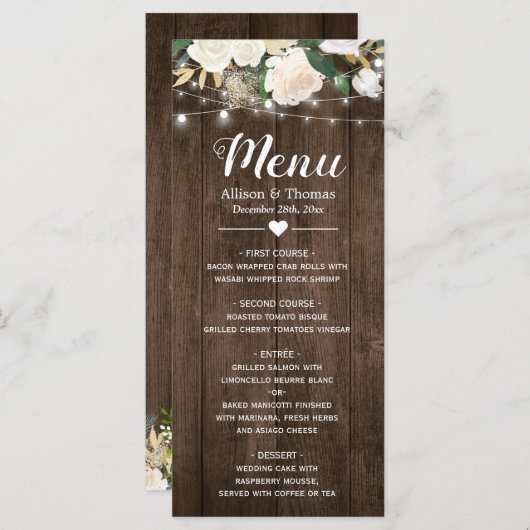 Rustic Country Floral String Lights Menu Mariage (Devant / Derrière)