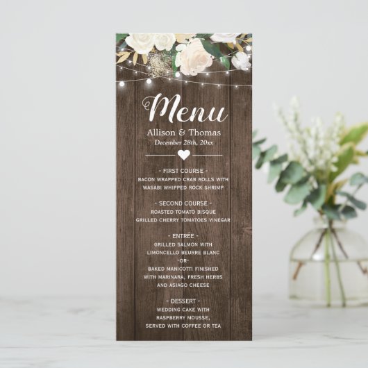 Rustic Country Floral String Lights Menu Mariage (Debout devant)